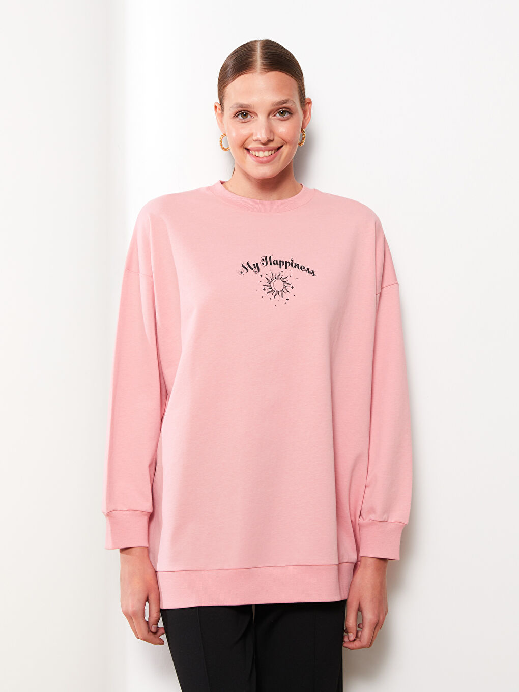 Pembe Bisiklet Yaka Baskılı Uzun Kollu Kadın Sweatshirt Tunik-1