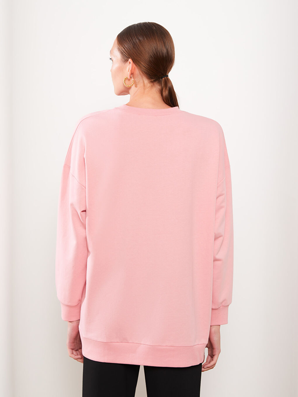 Pembe Bisiklet Yaka Baskılı Uzun Kollu Kadın Sweatshirt Tunik-4