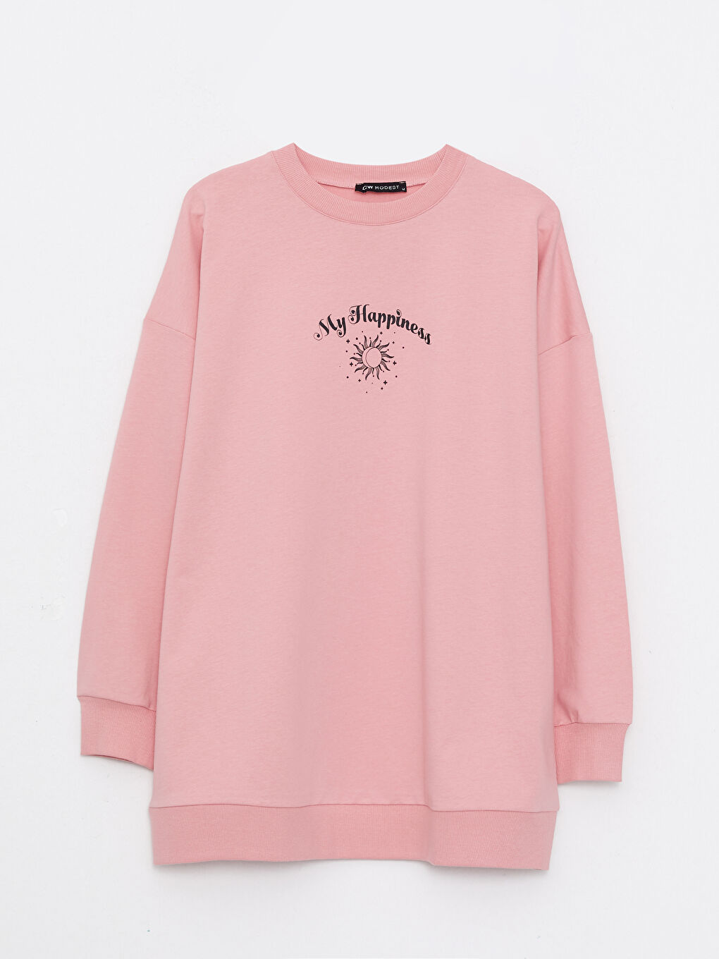 Pembe Bisiklet Yaka Baskılı Uzun Kollu Kadın Sweatshirt Tunik-5