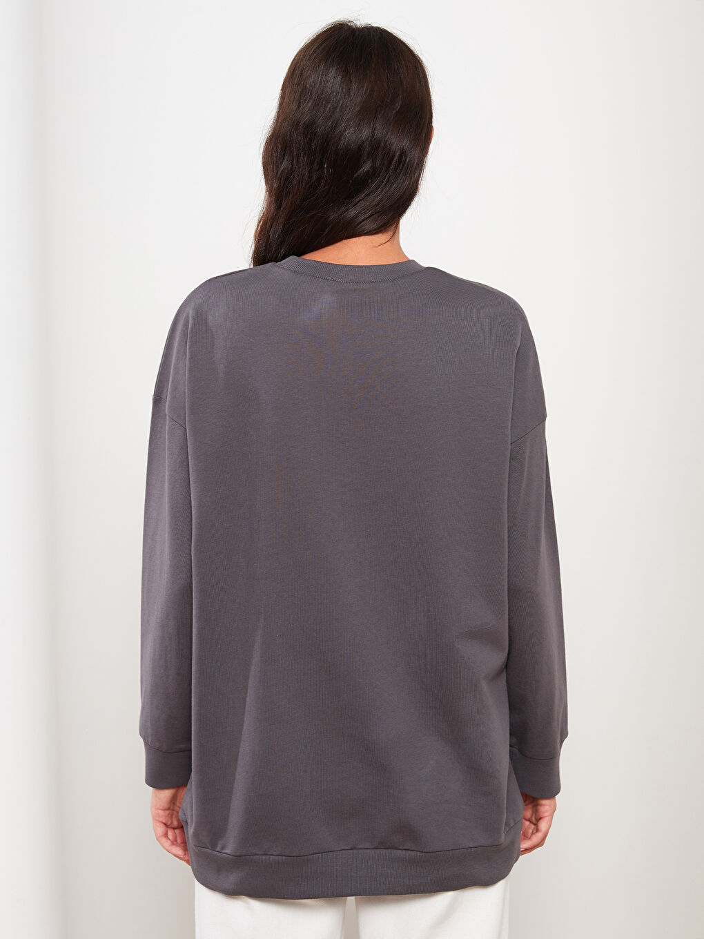 Gri Bisiklet Yaka Baskılı Uzun Kollu Kadın Sweatshirt Tunik-4