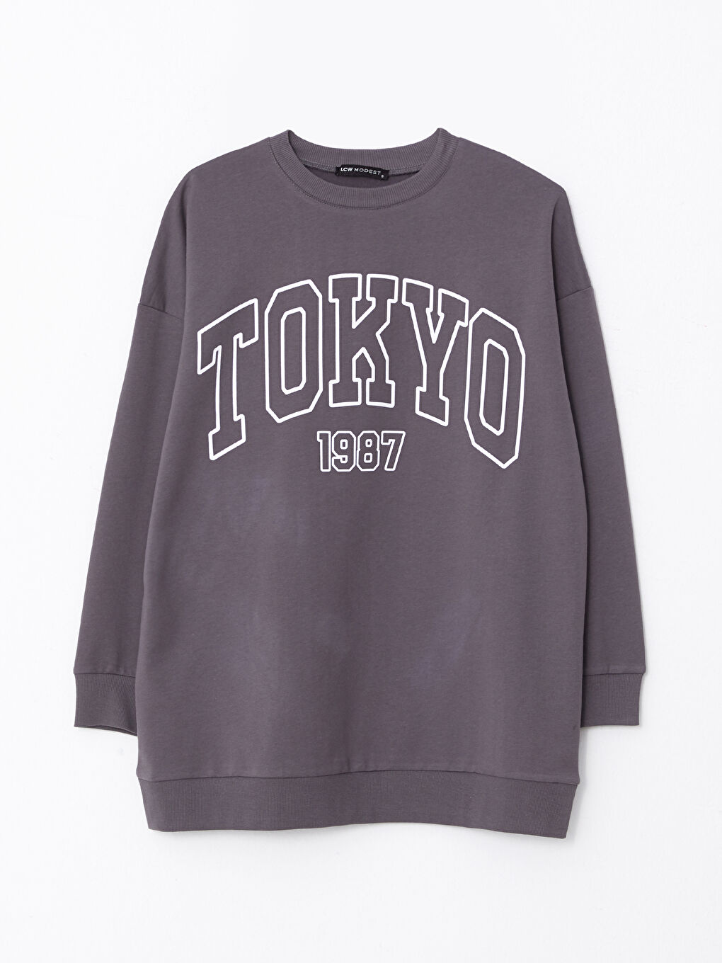 Gri Bisiklet Yaka Baskılı Uzun Kollu Kadın Sweatshirt Tunik-5