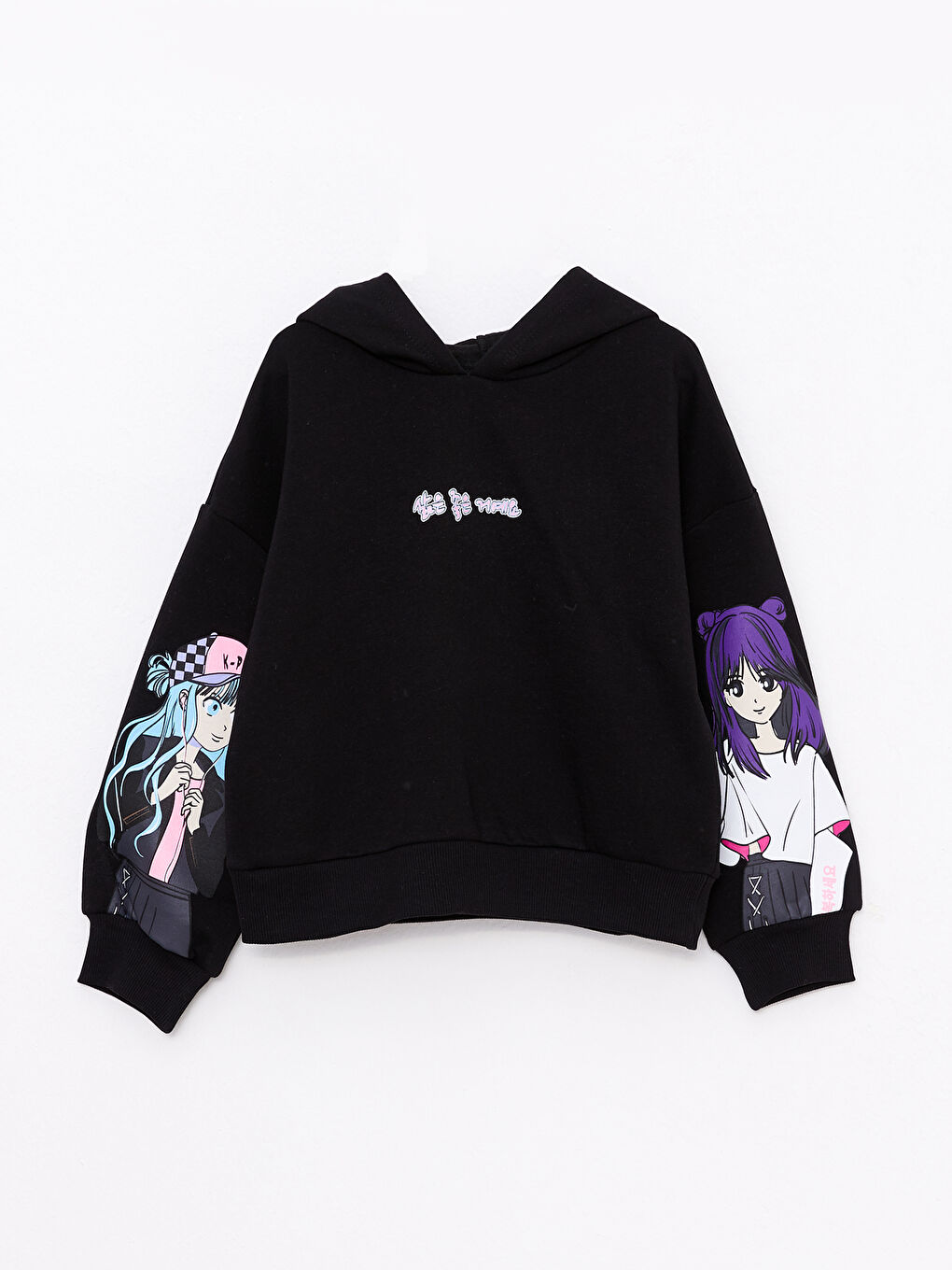 Siyah Kapüşonlu K-Pop Baskılı Uzun Kollu Kız Çocuk Sweatshirt