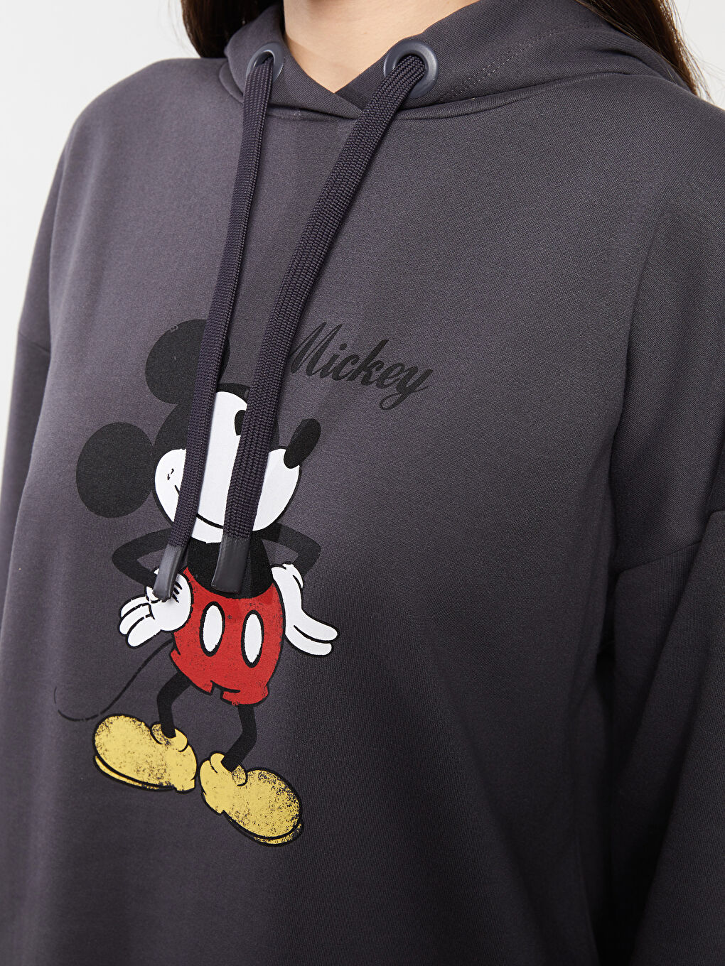 LCW Modest Antrasit Kapüşonlu Mickey Mouse Baskılı Uzun Kollu Kadın Sweatshirt Tunik - 7