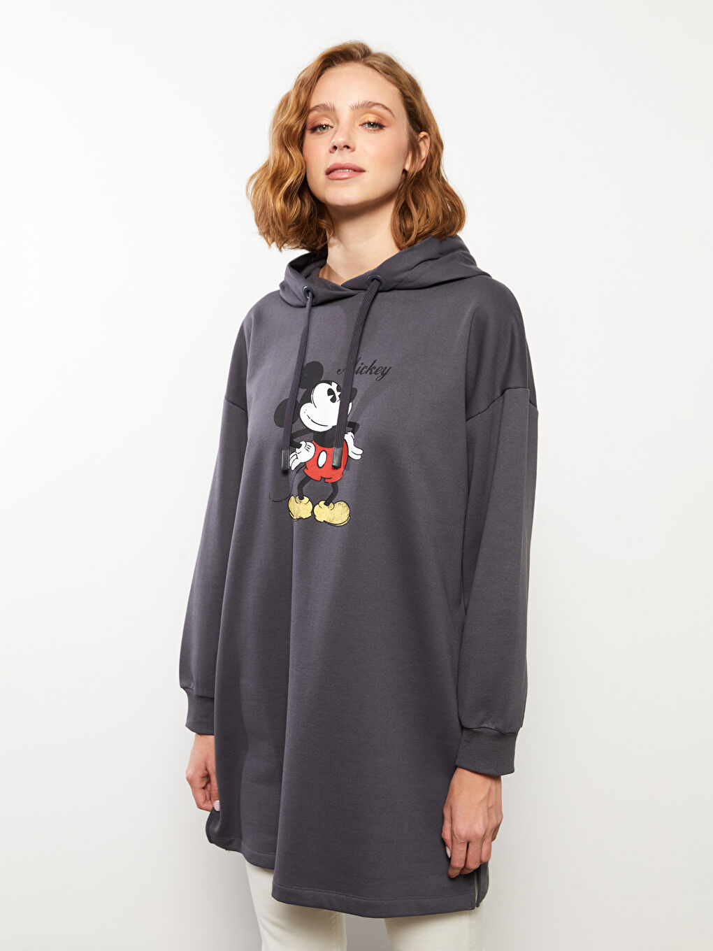 LCW Modest Antrasit Kapüşonlu Mickey Mouse Baskılı Uzun Kollu Kadın Sweatshirt Tunik - 2