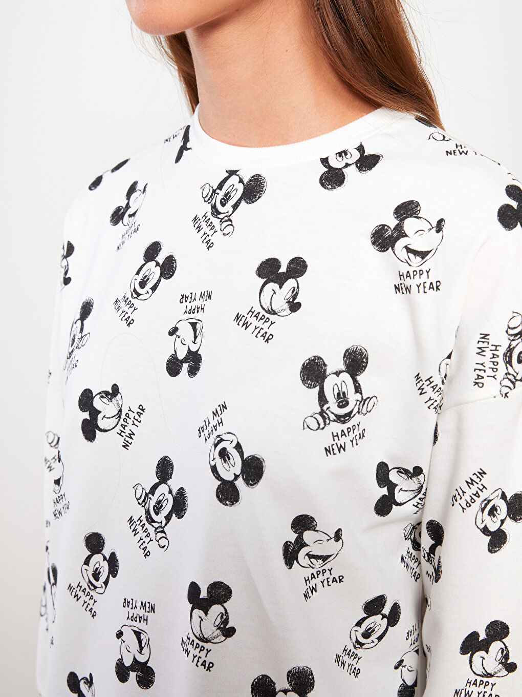 LCW Modest Ekru Bisiklet Yaka Mickey Mouse Baskılı Uzun Kollu Oversize Kadın Sweatshirt Tunik - 3