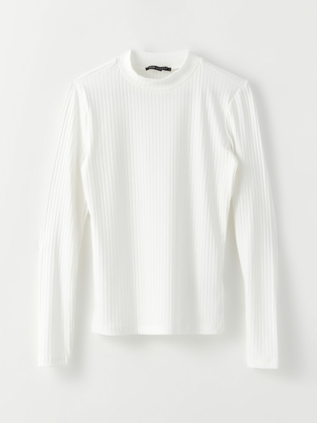 Ekru Dik Yaka Düz Uzun Kollu Kadın Tişört-5