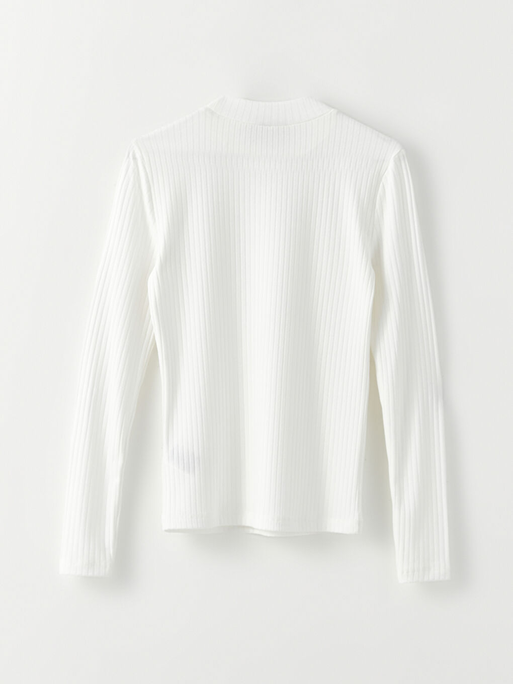 Ekru Dik Yaka Düz Uzun Kollu Kadın Tişört-6