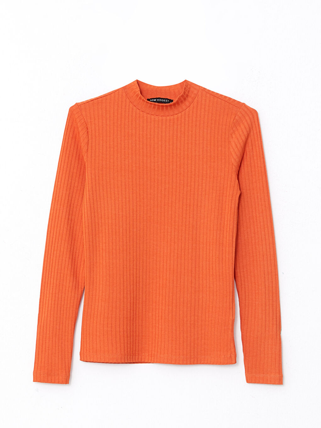 Turuncu Dik Yaka Düz Uzun Kollu Kadın Tişört-5