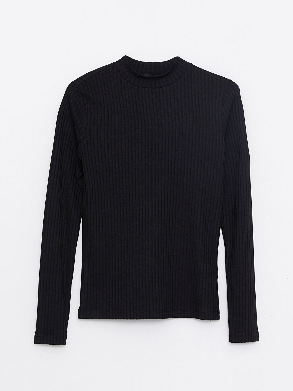 Siyah Dik Yaka Düz Uzun Kollu Kadın Tişört-5