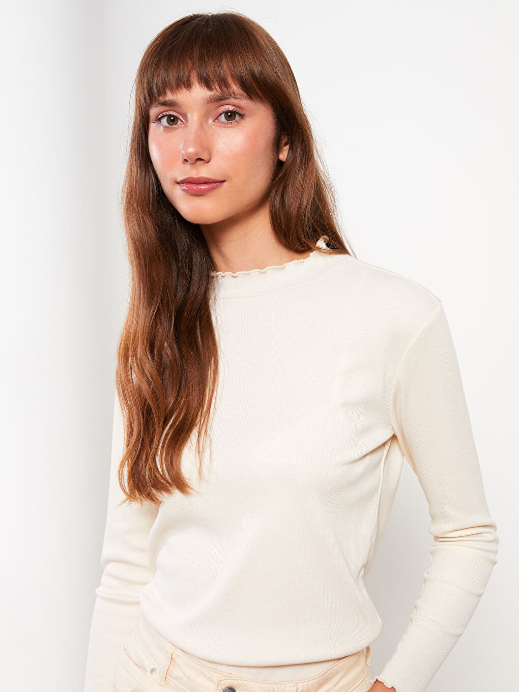 Rüschen Stehkragen Gerade Langarm Damen T-Shirt