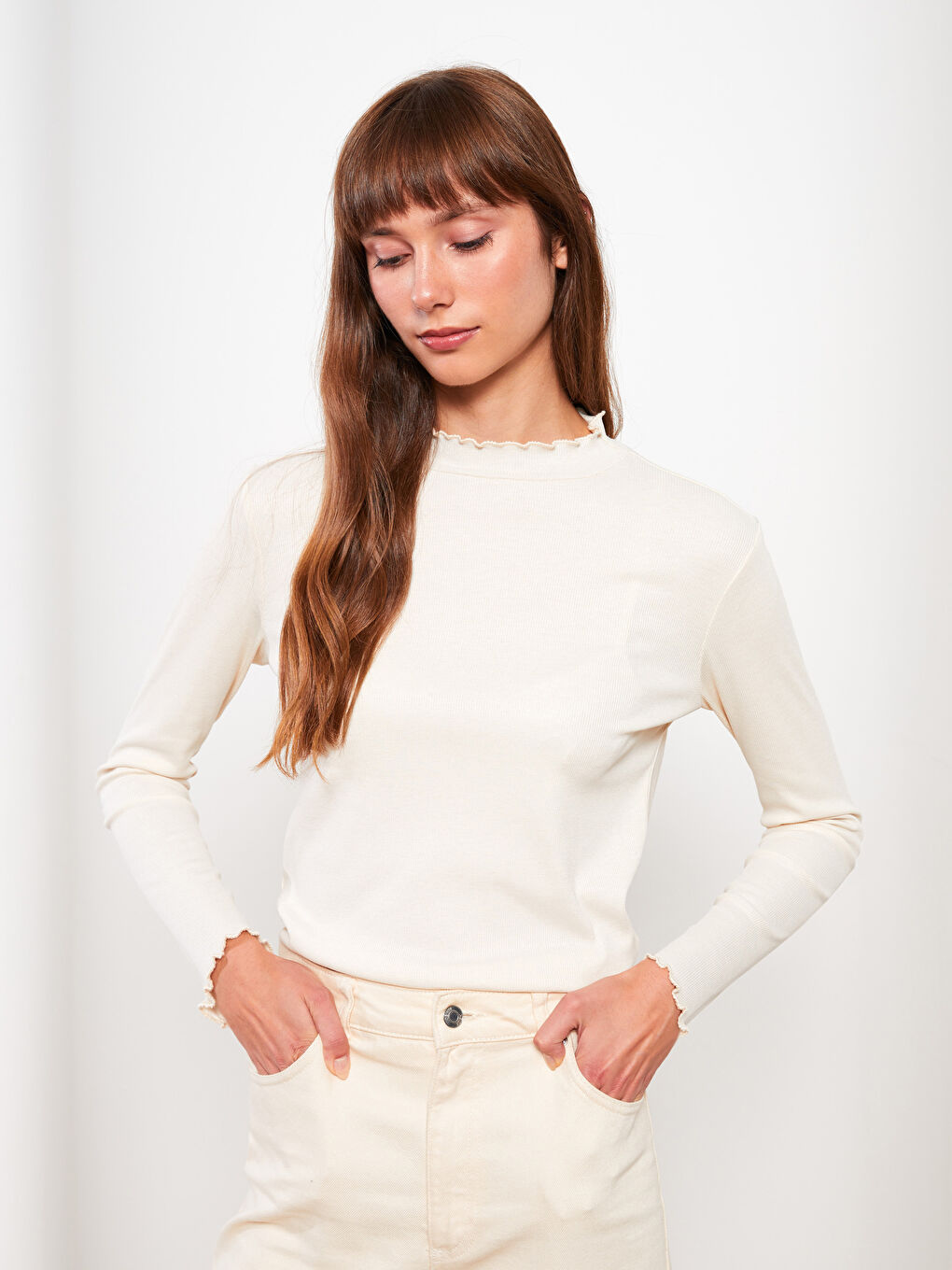 Rüschen Stehkragen Gerade Langarm Damen T-Shirt-1