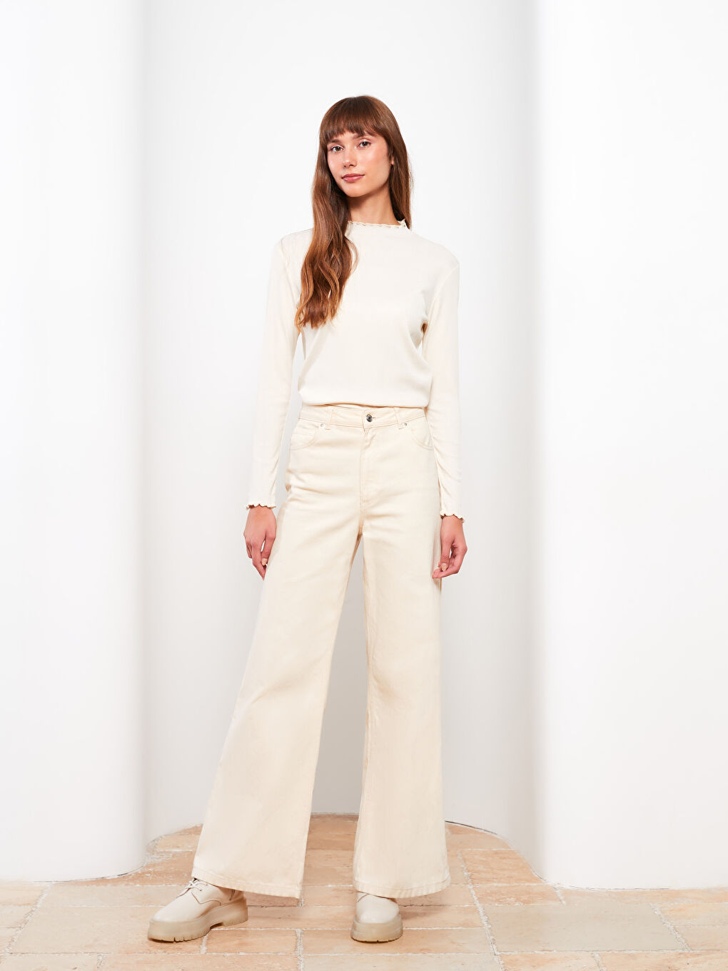 Rüschen Stehkragen Gerade Langarm Damen T-Shirt-2