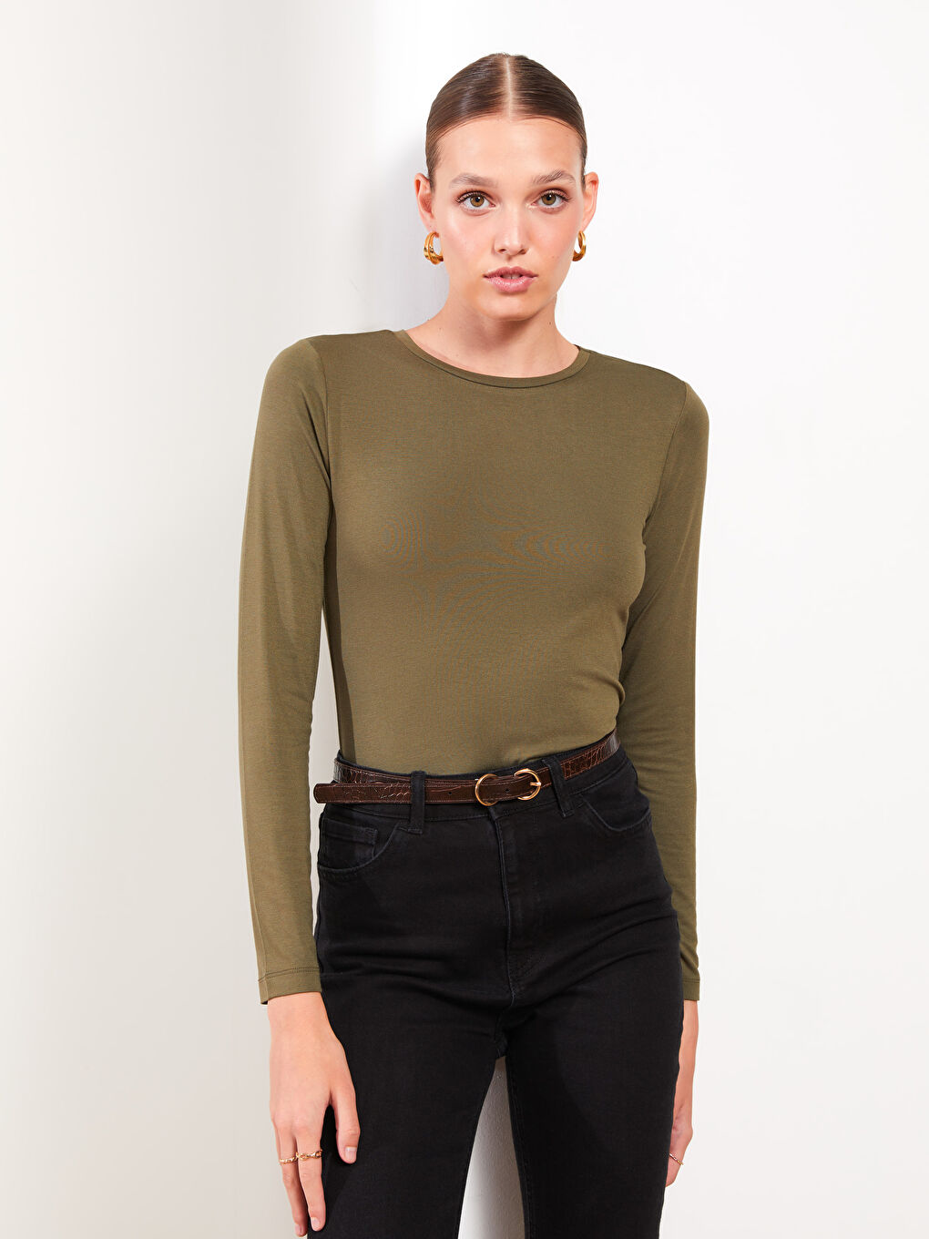 Haki Bisiklet Yaka Düz Uzun Kollu Kadın Tişört-1
