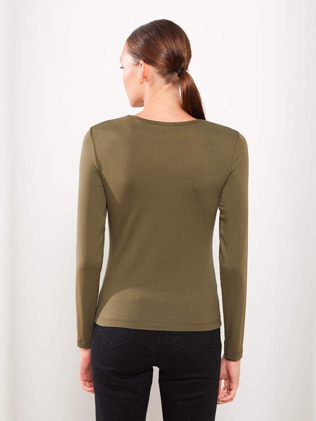 Haki Bisiklet Yaka Düz Uzun Kollu Kadın Tişört-4