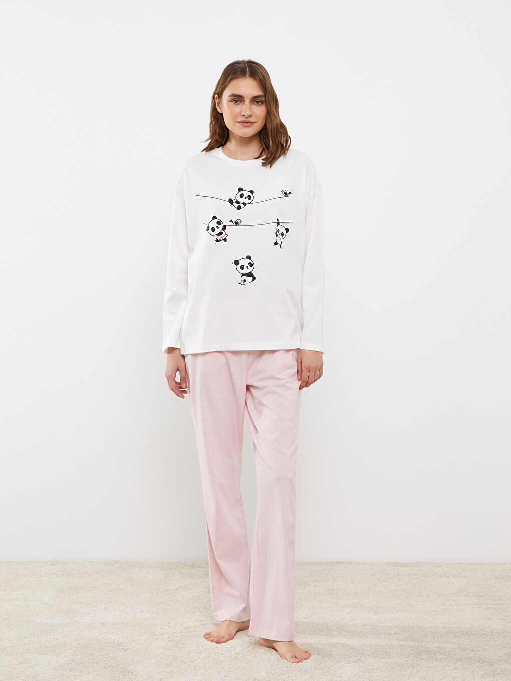 Pembe Bisiklet Yaka Baskılı Uzun Kollu Kadın Pijama Takımı-1