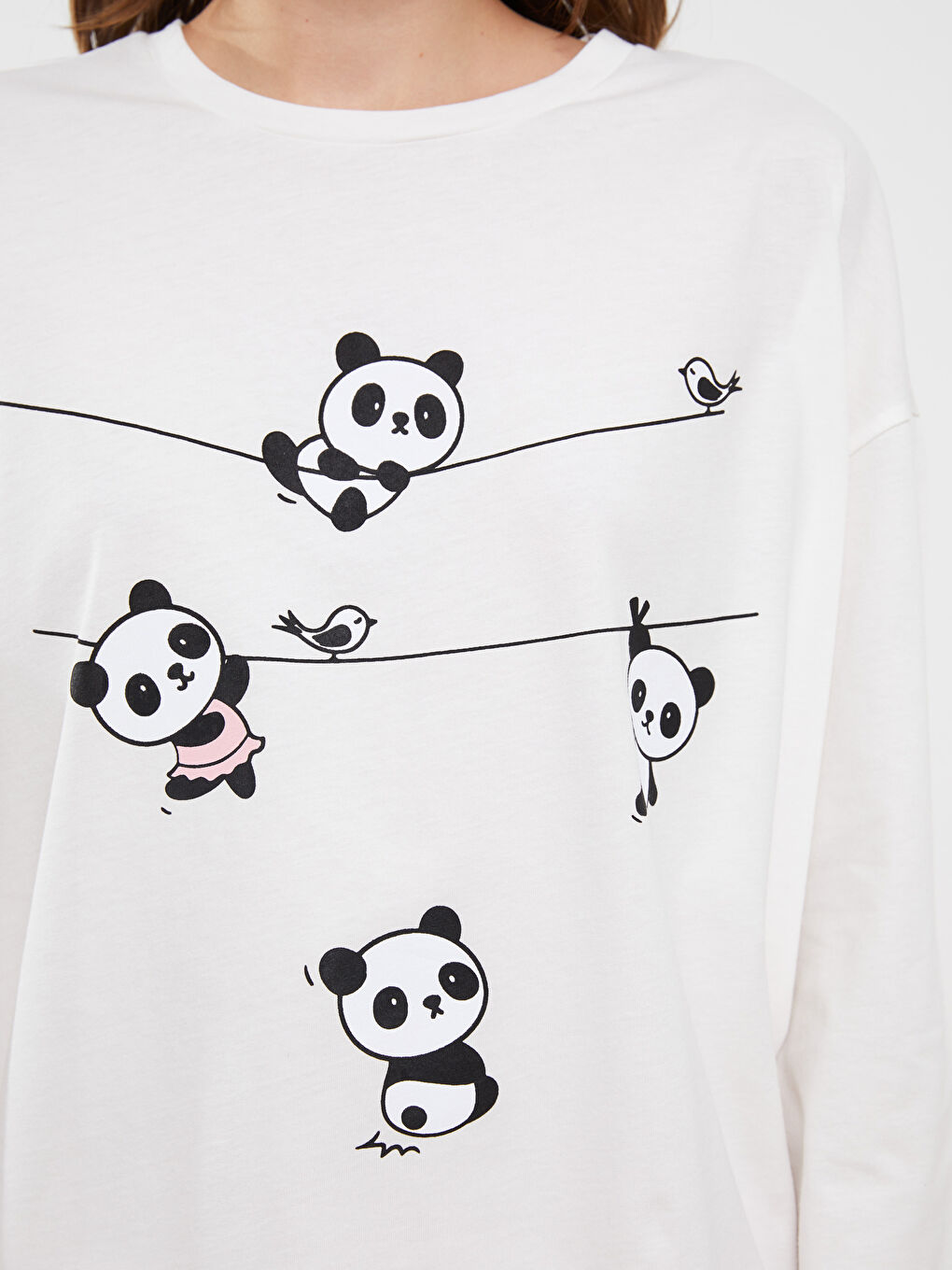 Pembe Bisiklet Yaka Baskılı Uzun Kollu Kadın Pijama Takımı-2