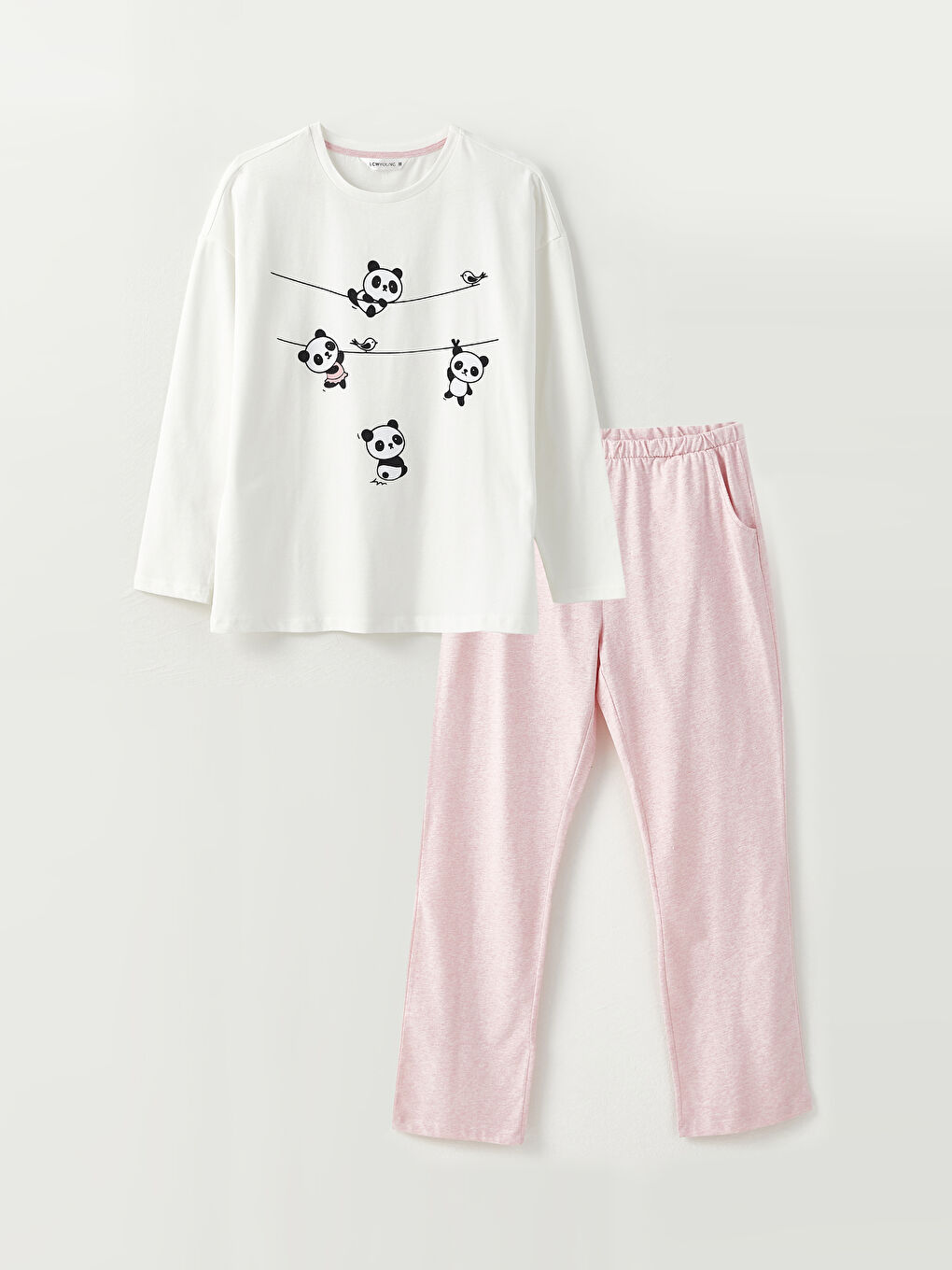 Pembe Bisiklet Yaka Baskılı Uzun Kollu Kadın Pijama Takımı-4