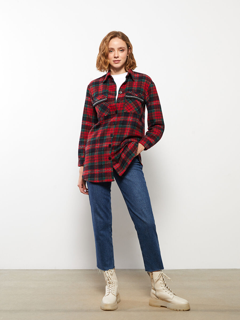 Kırmızı Önden Düğme Kapamalı Ekose Uzun Kollu Kadın Gömlek Ceket-2