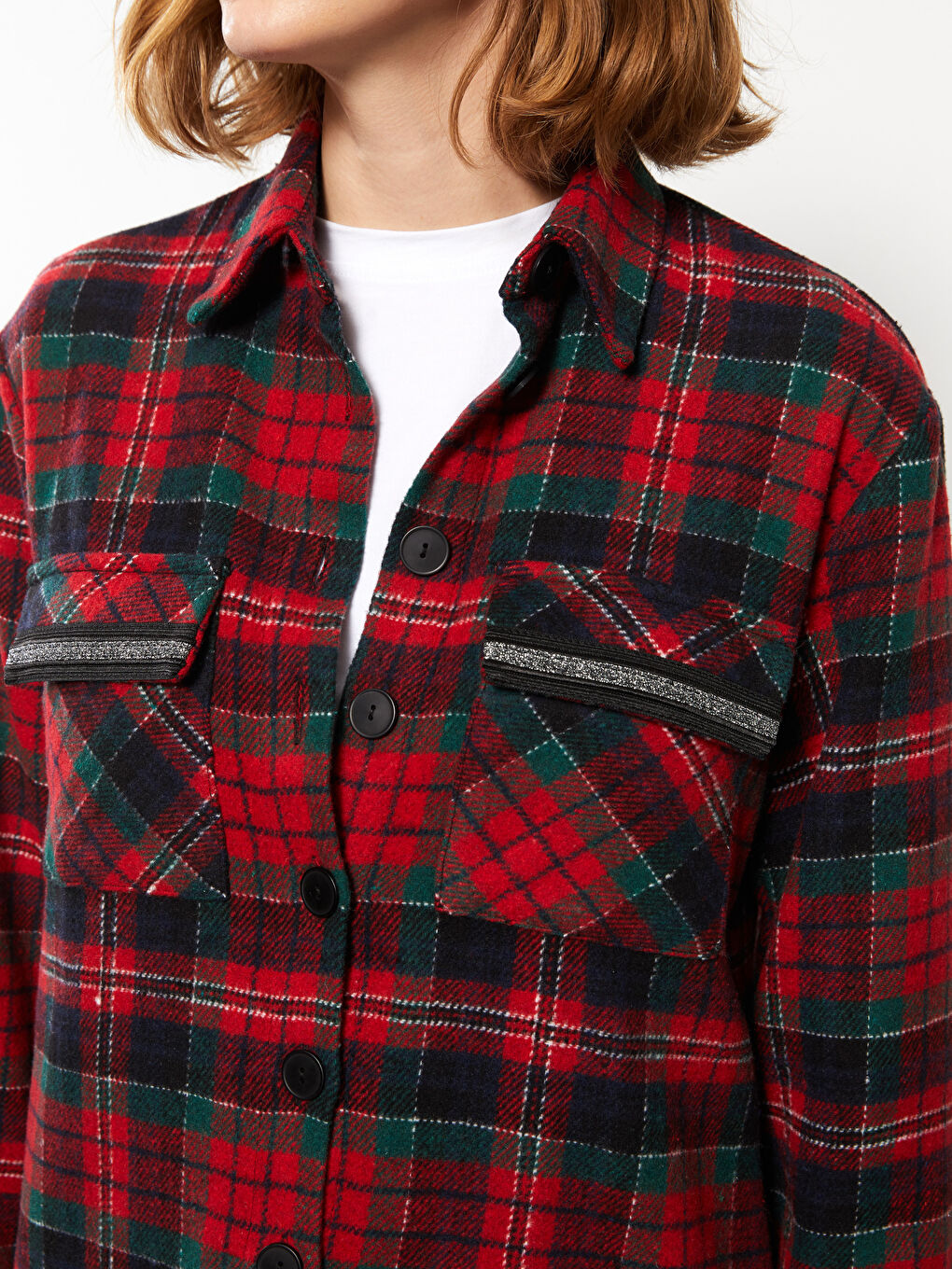 Kırmızı Önden Düğme Kapamalı Ekose Uzun Kollu Kadın Gömlek Ceket-3