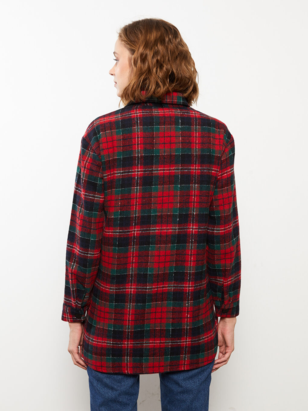 Kırmızı Önden Düğme Kapamalı Ekose Uzun Kollu Kadın Gömlek Ceket-4