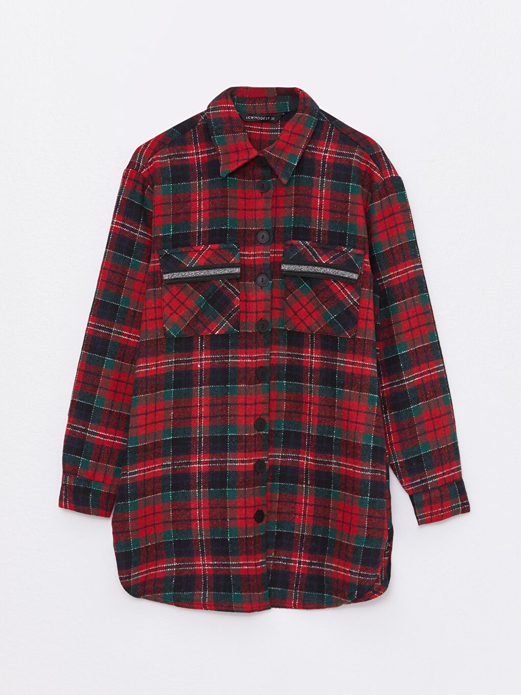 Kırmızı Önden Düğme Kapamalı Ekose Uzun Kollu Kadın Gömlek Ceket-5