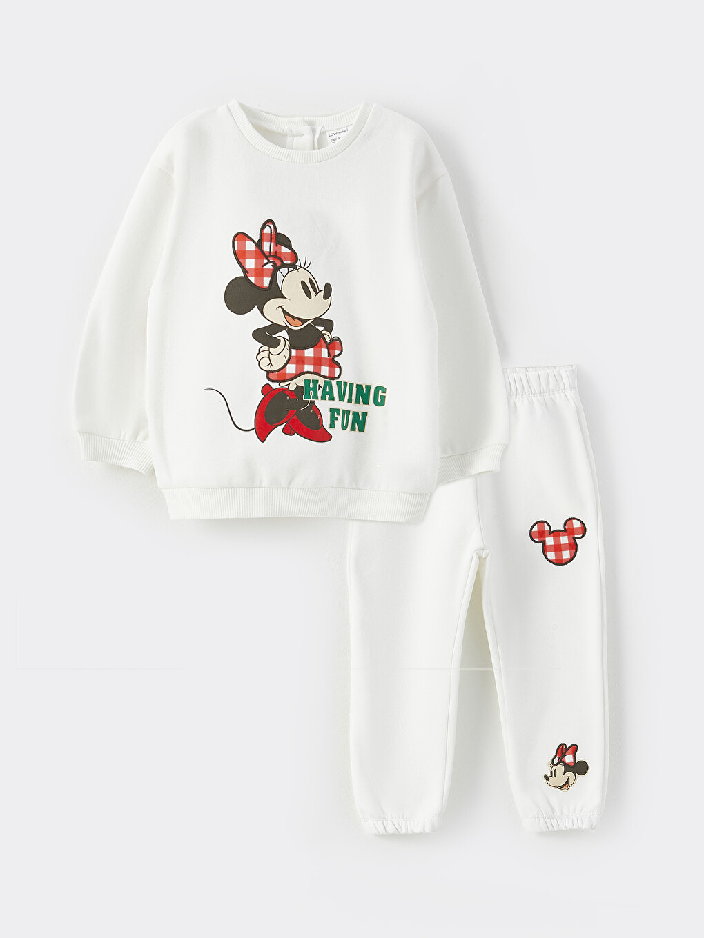 Ekru Bisiklet Yaka Uzun Kollu Minnie Mouse Baskılı Kız Bebek Sweatshirt Ve Eşofman Alt 2'li Takım
