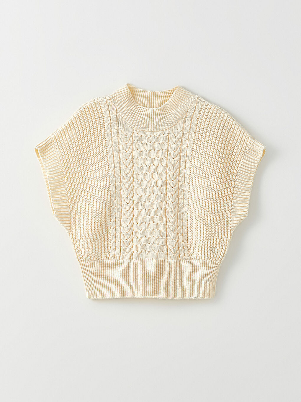 Ekru Dik Yaka Kendinden Desenli Kadın Triko Süveter-5