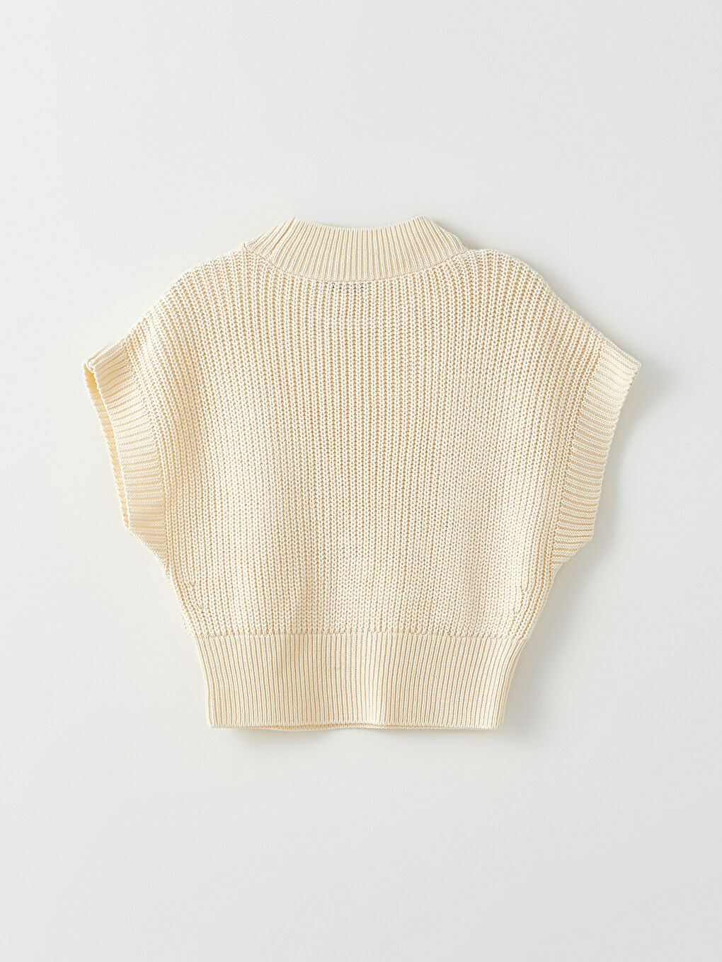 Ekru Dik Yaka Kendinden Desenli Kadın Triko Süveter-6