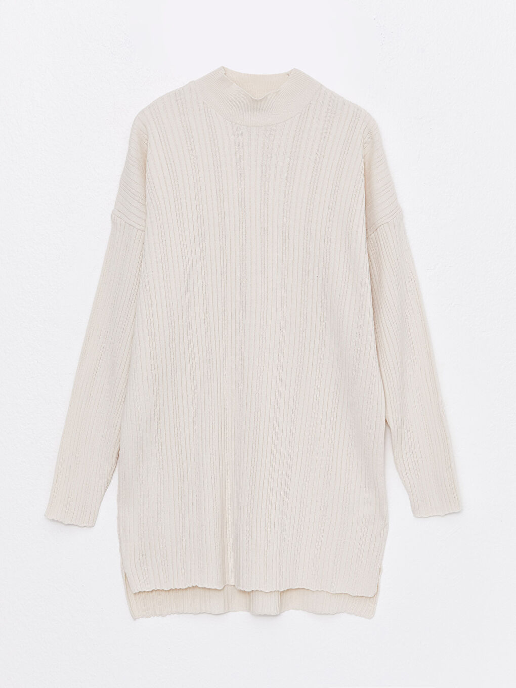 Ekru Dik Yaka Kadın Triko Tunik-5