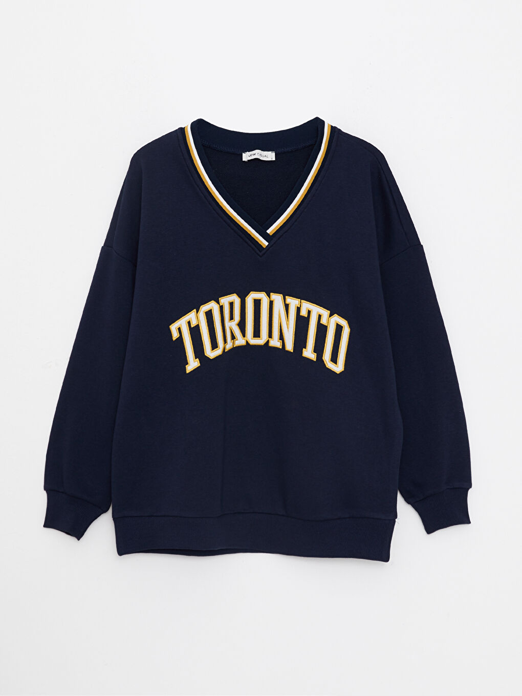 Lacivert V Yaka Nakışlı Uzun Kollu Kadın Sweatshirt-5