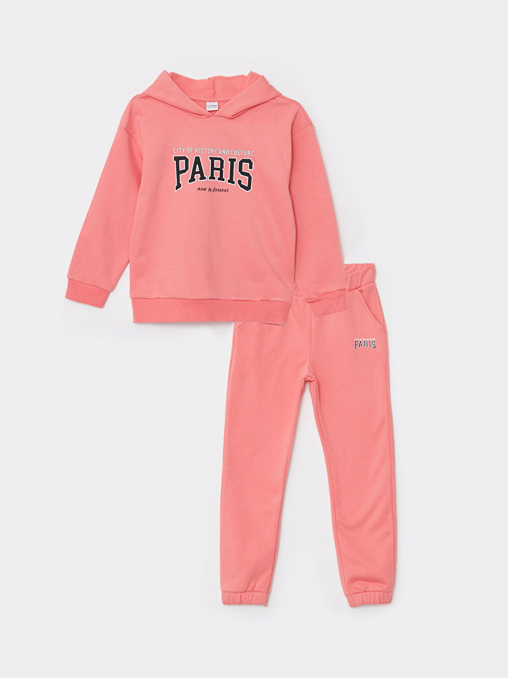 Mercan Kapüşonlu Baskılı Uzun Kollu Kız Çocuk Sweatshirt ve Eşofman Altı