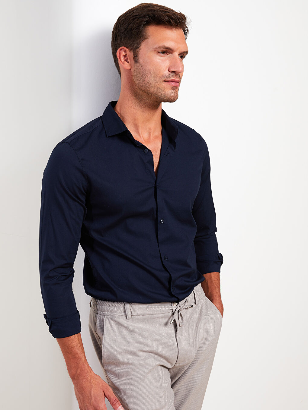 Lacivert Slim Fit Uzun Kollu Erkek Gömlek-1