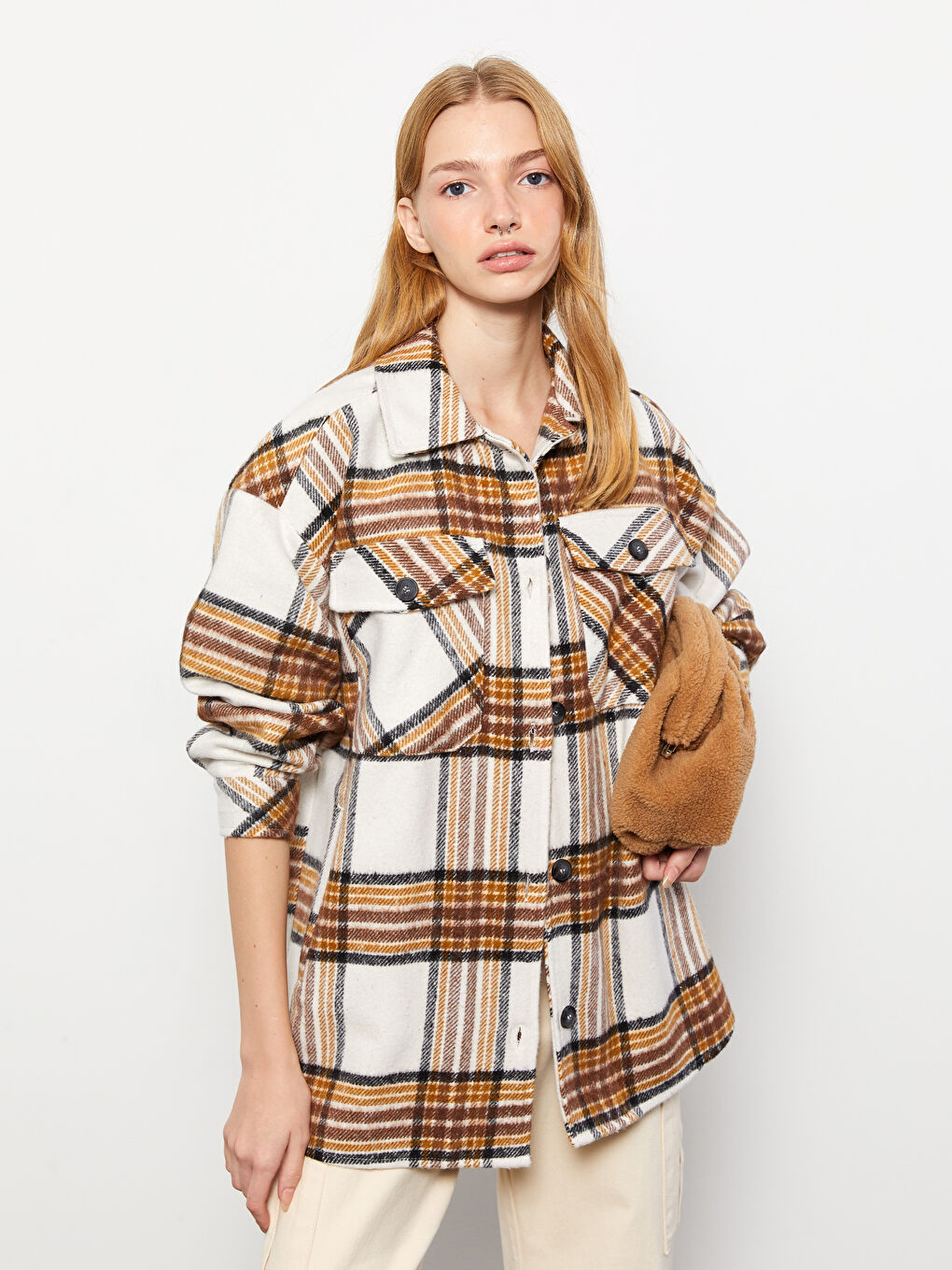 XSIDE Front Button Closure Plaid Long Sleeve Tweed Women's Lumberjack Shirt Jacket -W2H356Z8-RFC