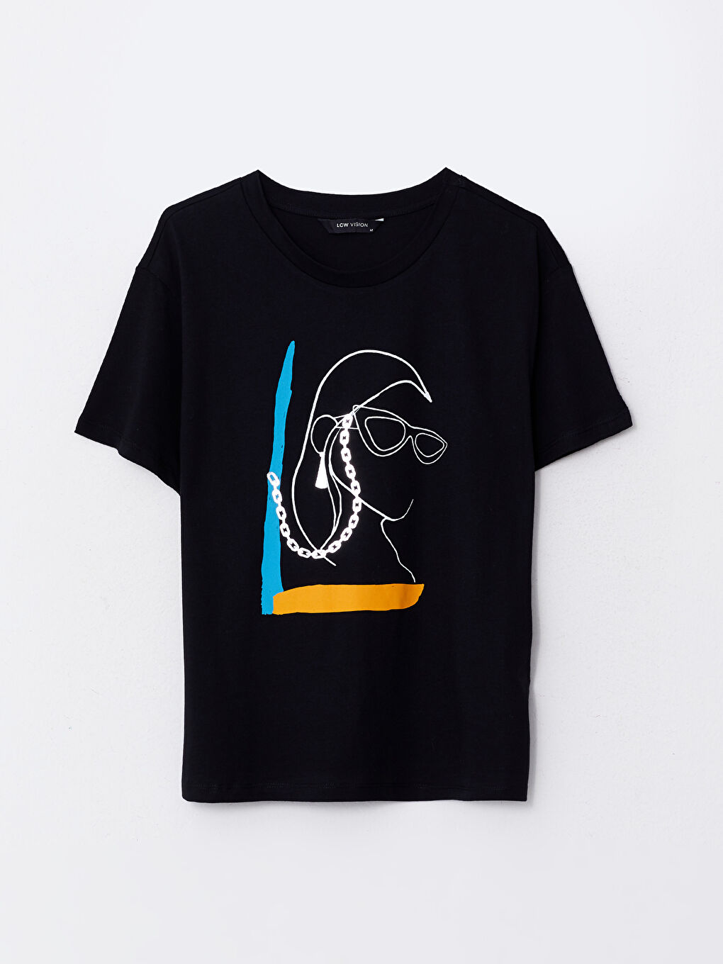 Siyah Bisiklet Yaka Baskılı Kısa Kollu Pamuklu Kadın Tişört-5