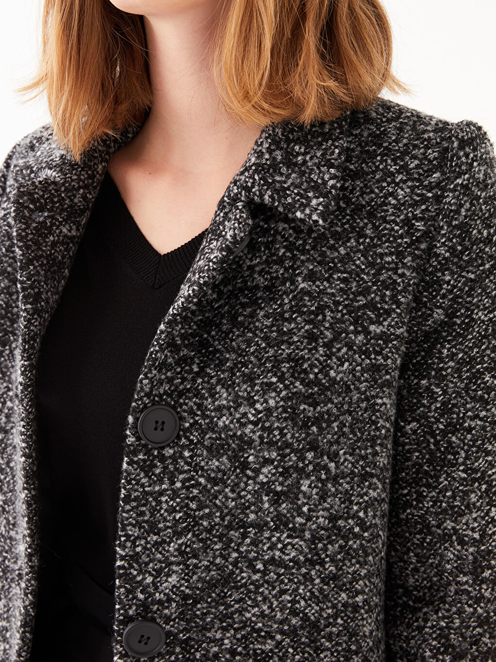 Siyah Gömlek Yaka Desenli Uzun Kollu Kadın Kaşe Kaban-3