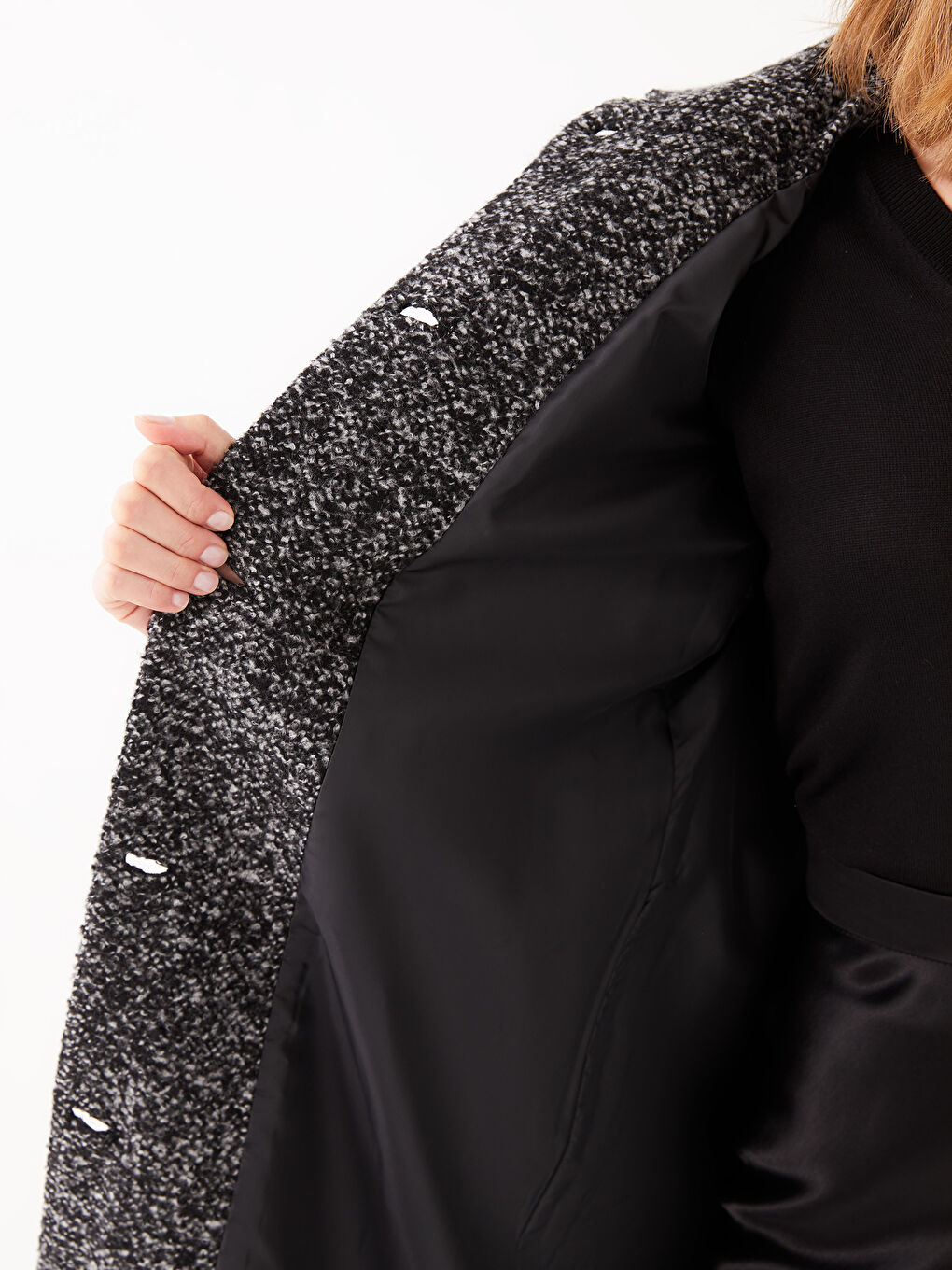 Siyah Gömlek Yaka Desenli Uzun Kollu Kadın Kaşe Kaban-4