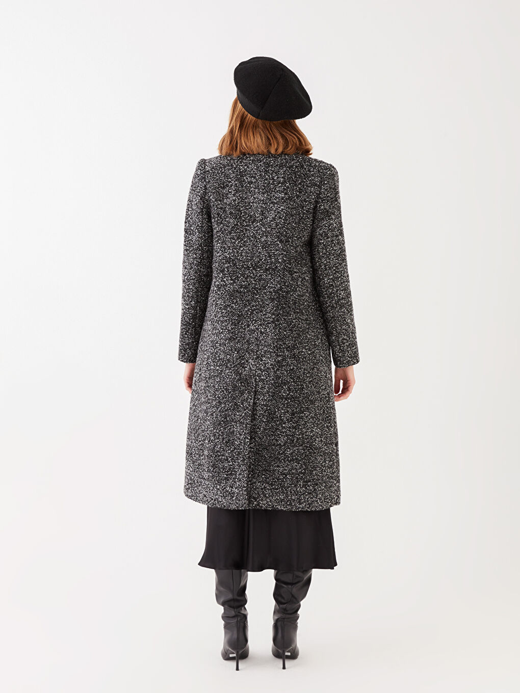 Siyah Gömlek Yaka Desenli Uzun Kollu Kadın Kaşe Kaban-5