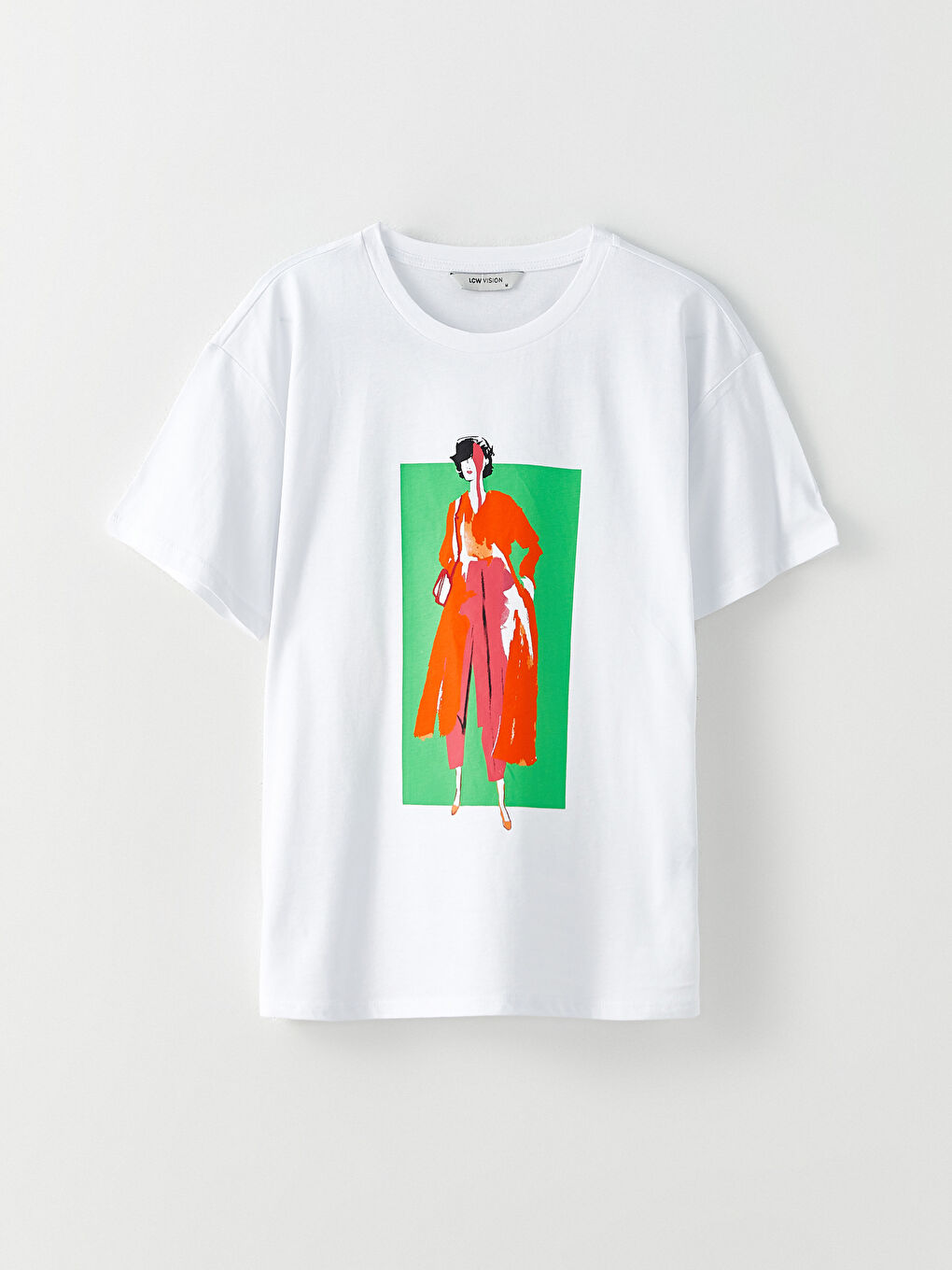 Beyaz Bisiklet Yaka Baskılı Kısa Kollu Pamuklu Kadın Tişört-5