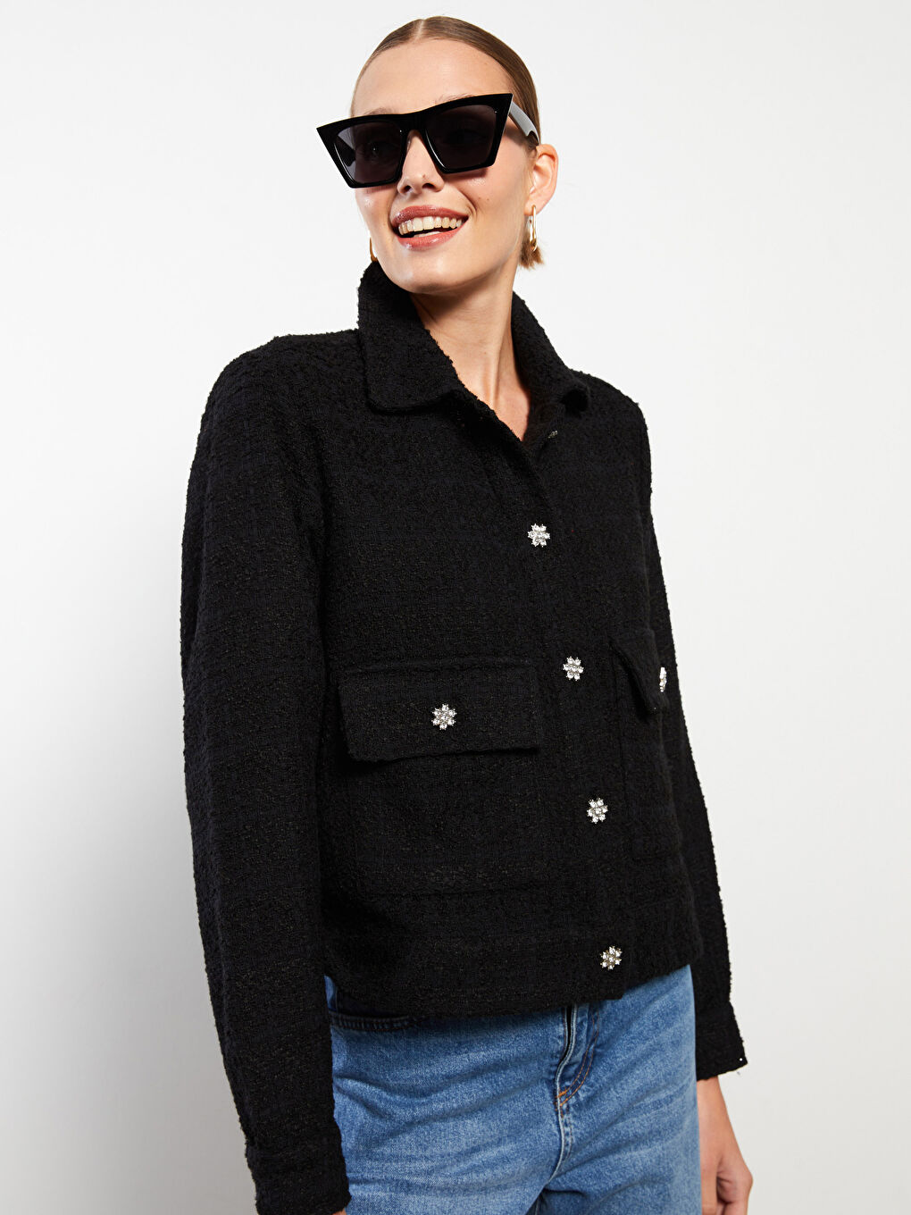 Siyah Önden Düğme Kapamalı Düz Uzun Kollu Kadın Tüvit Gömlek Ceket-1