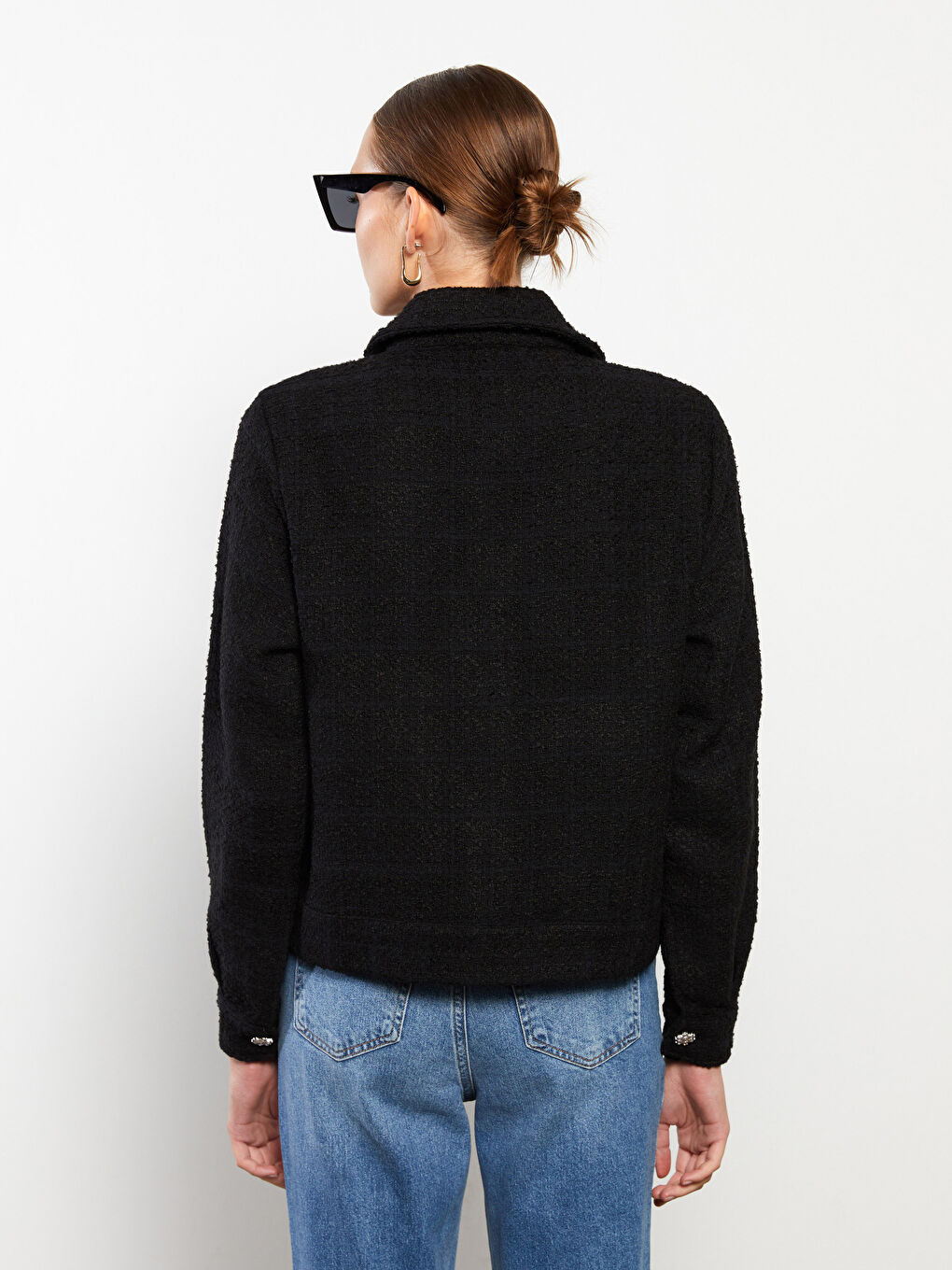 Siyah Önden Düğme Kapamalı Düz Uzun Kollu Kadın Tüvit Gömlek Ceket-3