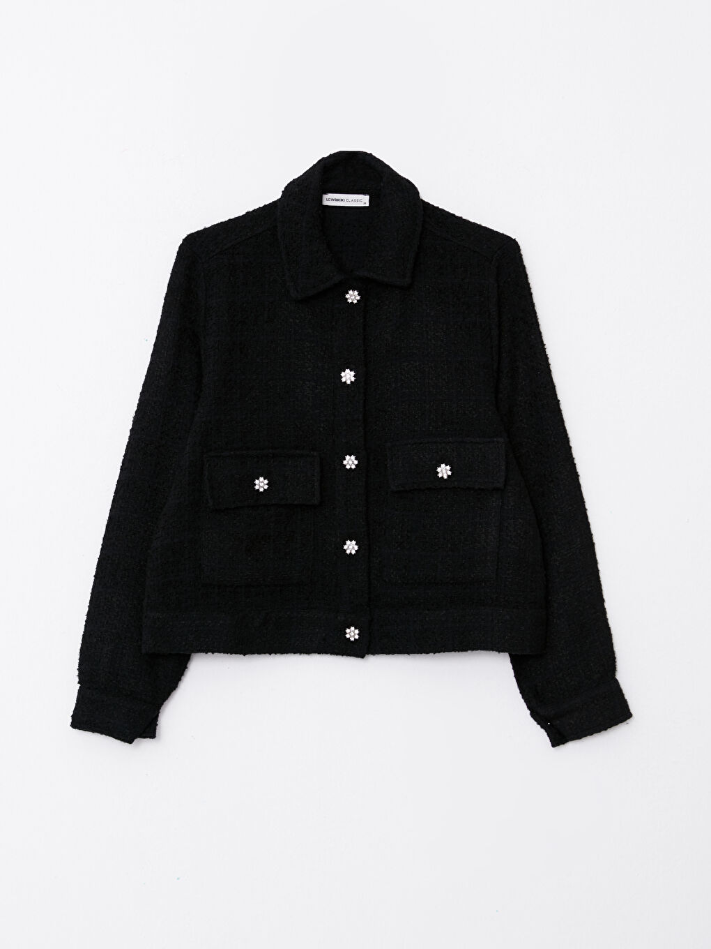 Siyah Önden Düğme Kapamalı Düz Uzun Kollu Kadın Tüvit Gömlek Ceket-4