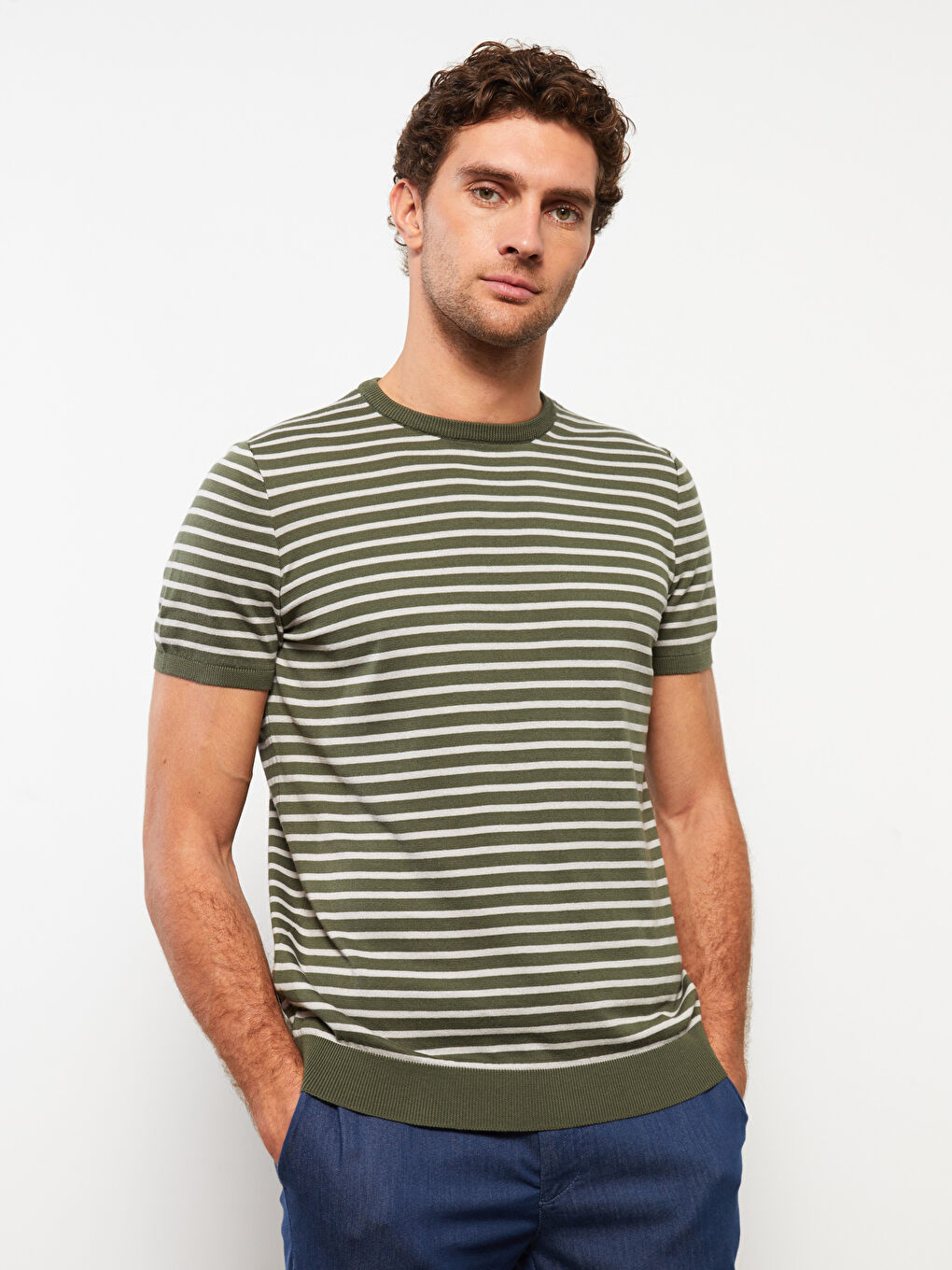 Haki Bisiklet Yaka Kısa Kollu Çizgili Erkek Triko Kazak