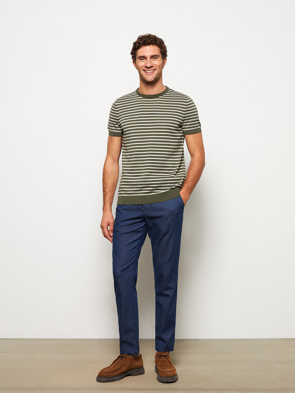 Haki Bisiklet Yaka Kısa Kollu Çizgili Erkek Triko Kazak-2