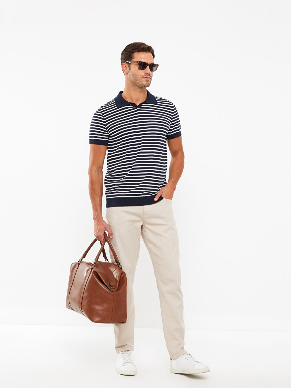 Lacivert Polo Yaka Kısa Kollu Çizgili Erkek Triko Kazak