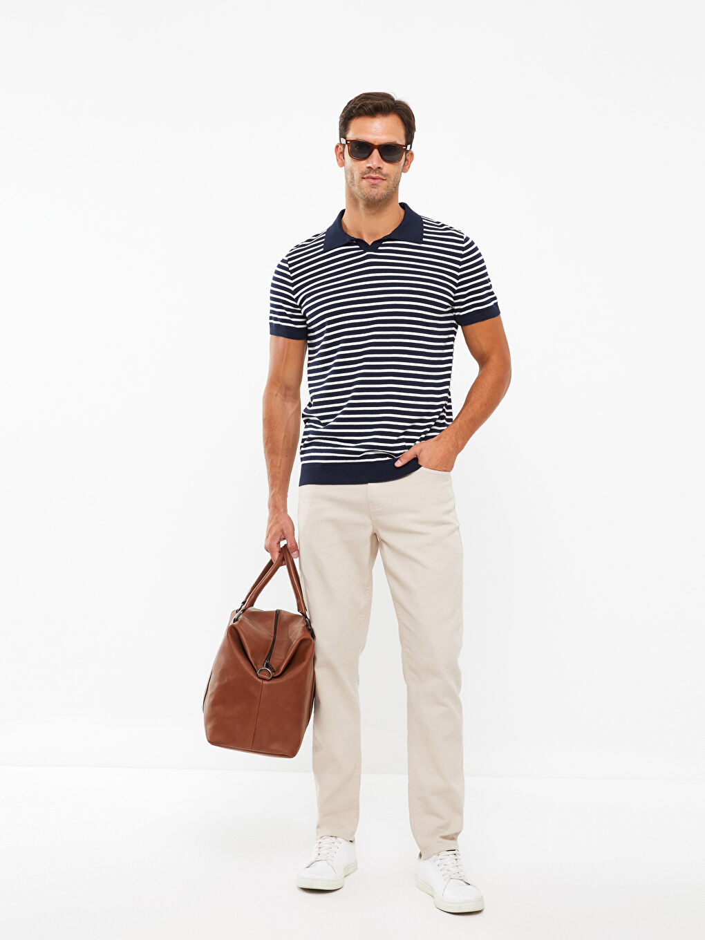 Lacivert Polo Yaka Kısa Kollu Çizgili Erkek Triko Kazak-1