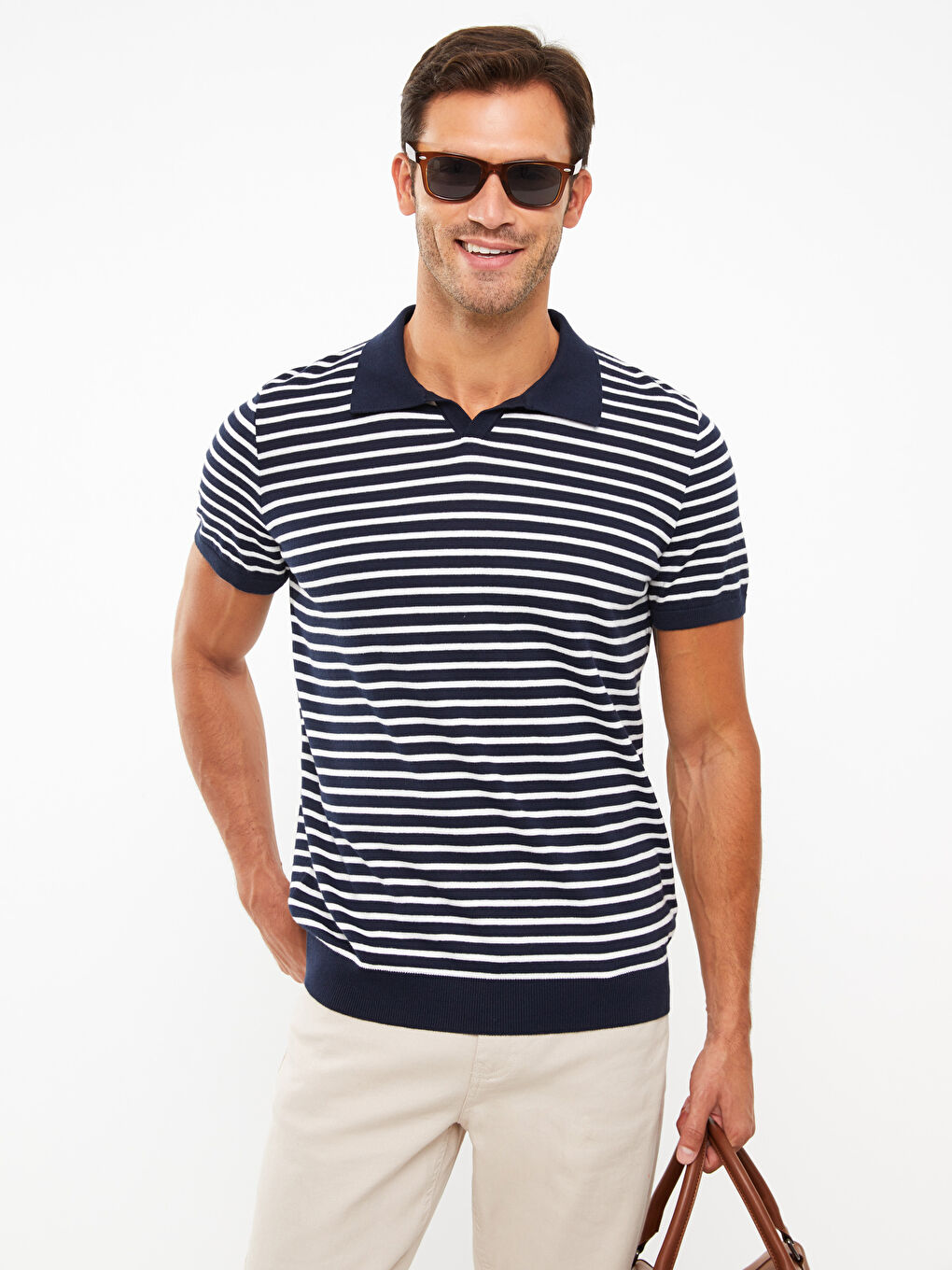 Lacivert Polo Yaka Kısa Kollu Çizgili Erkek Triko Kazak-2