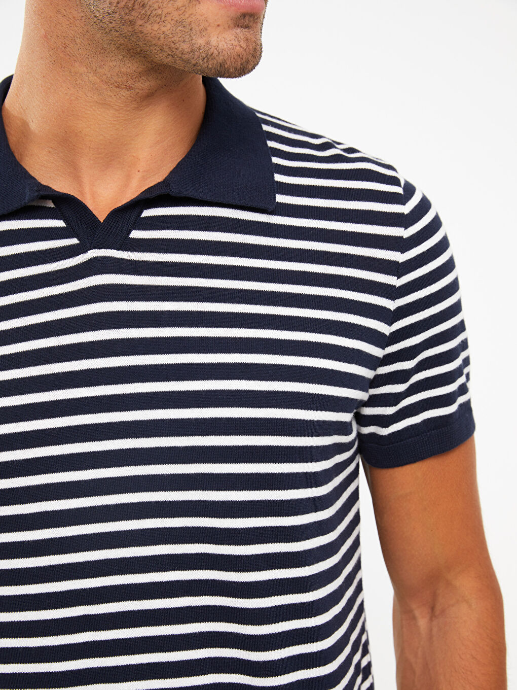 Lacivert Polo Yaka Kısa Kollu Çizgili Erkek Triko Kazak-3