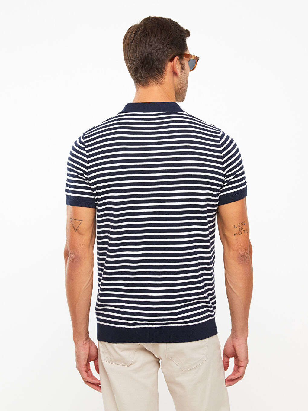 Lacivert Polo Yaka Kısa Kollu Çizgili Erkek Triko Kazak-4
