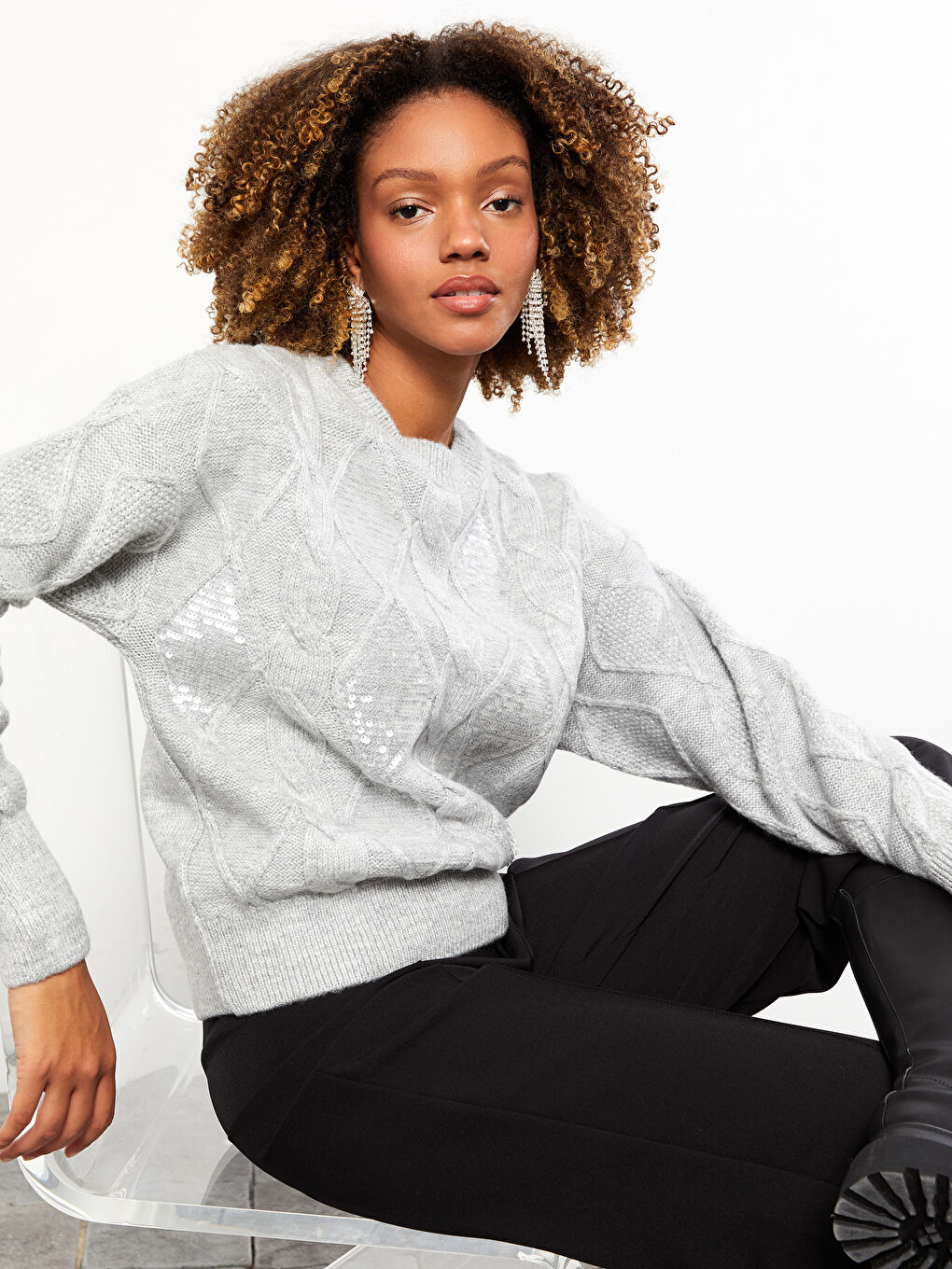 Crew Neck Patterned Long Sleeve Women's Knitwear Sweater