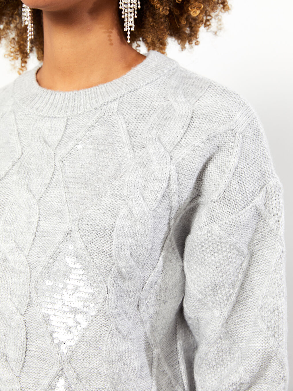 Crew Neck Patterned Long Sleeve Women's Knitwear Sweater-3